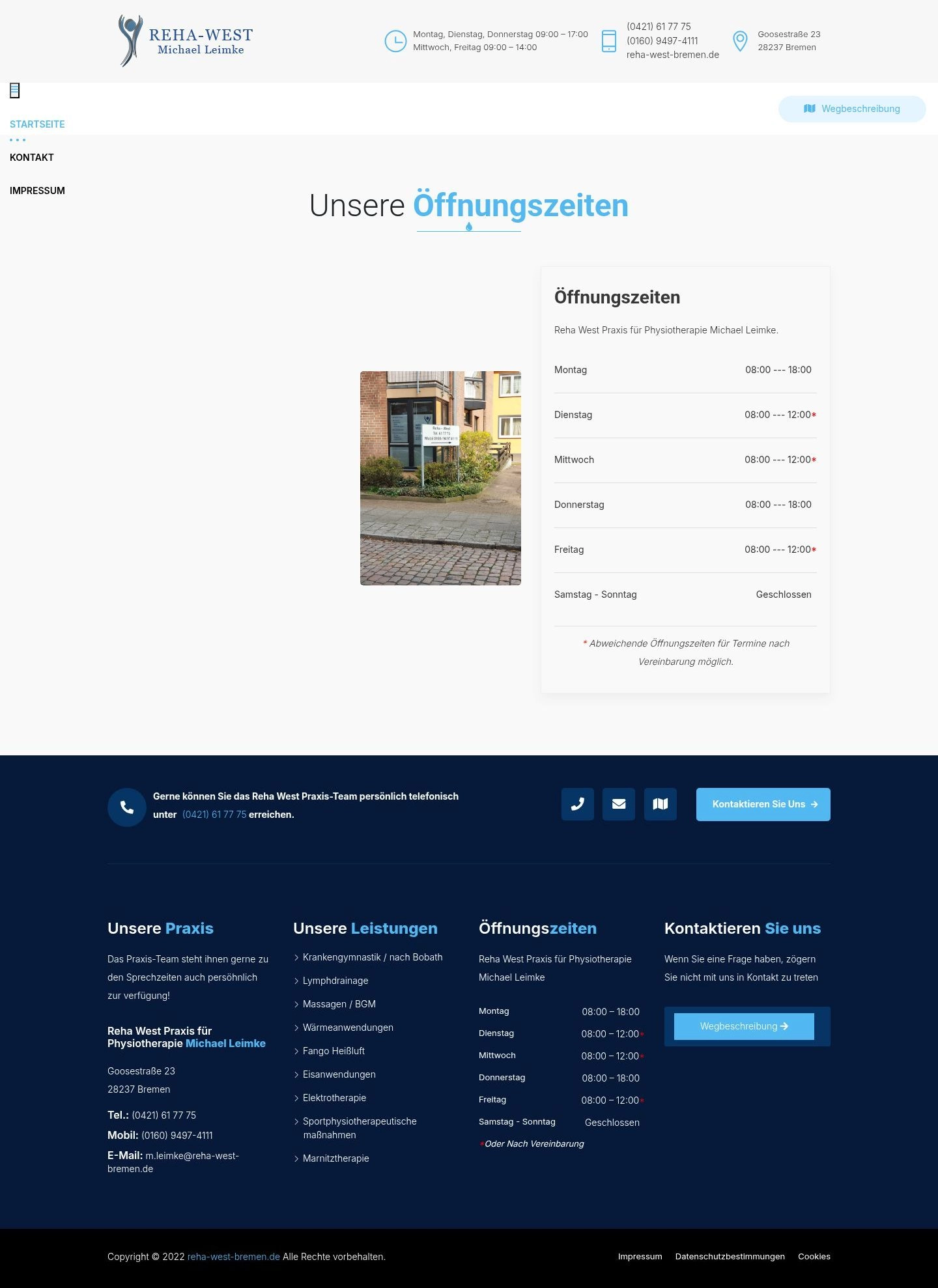 Screenshot: Reha West Praxis für Physiotherapie Firmenwebsite